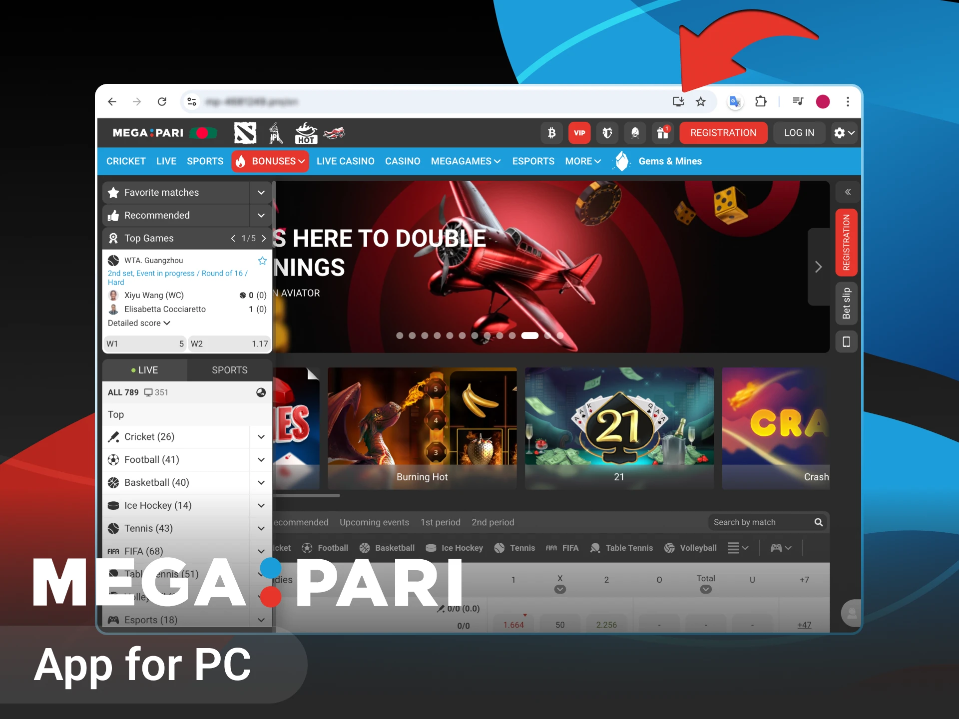 Is there a Megapari online casino app for PC.