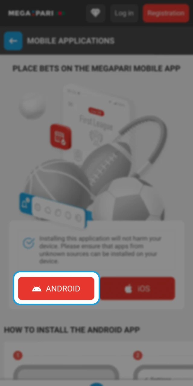 Find the button to install the app on the official Megapari online casino website.
