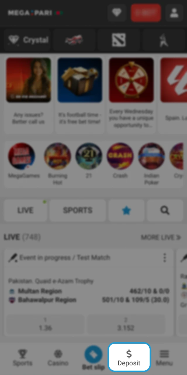 Go to the payments section at Megapari online casino.