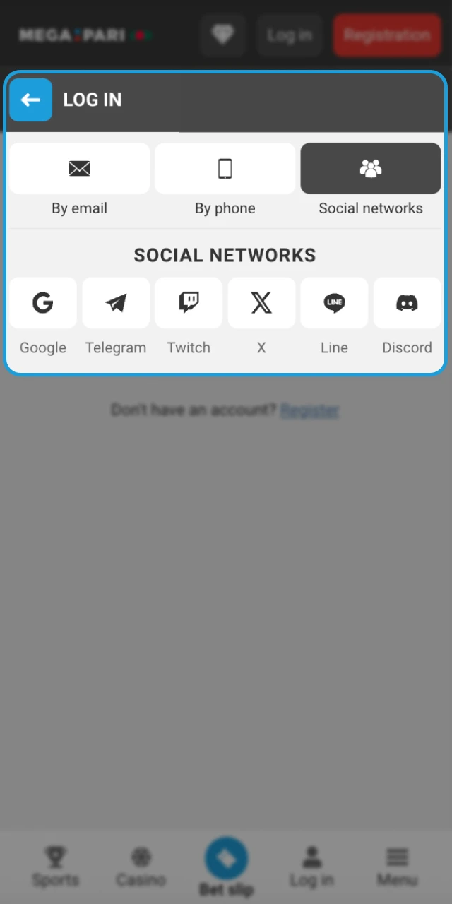To start making a deposit at Megapari online casino, you need to log in.