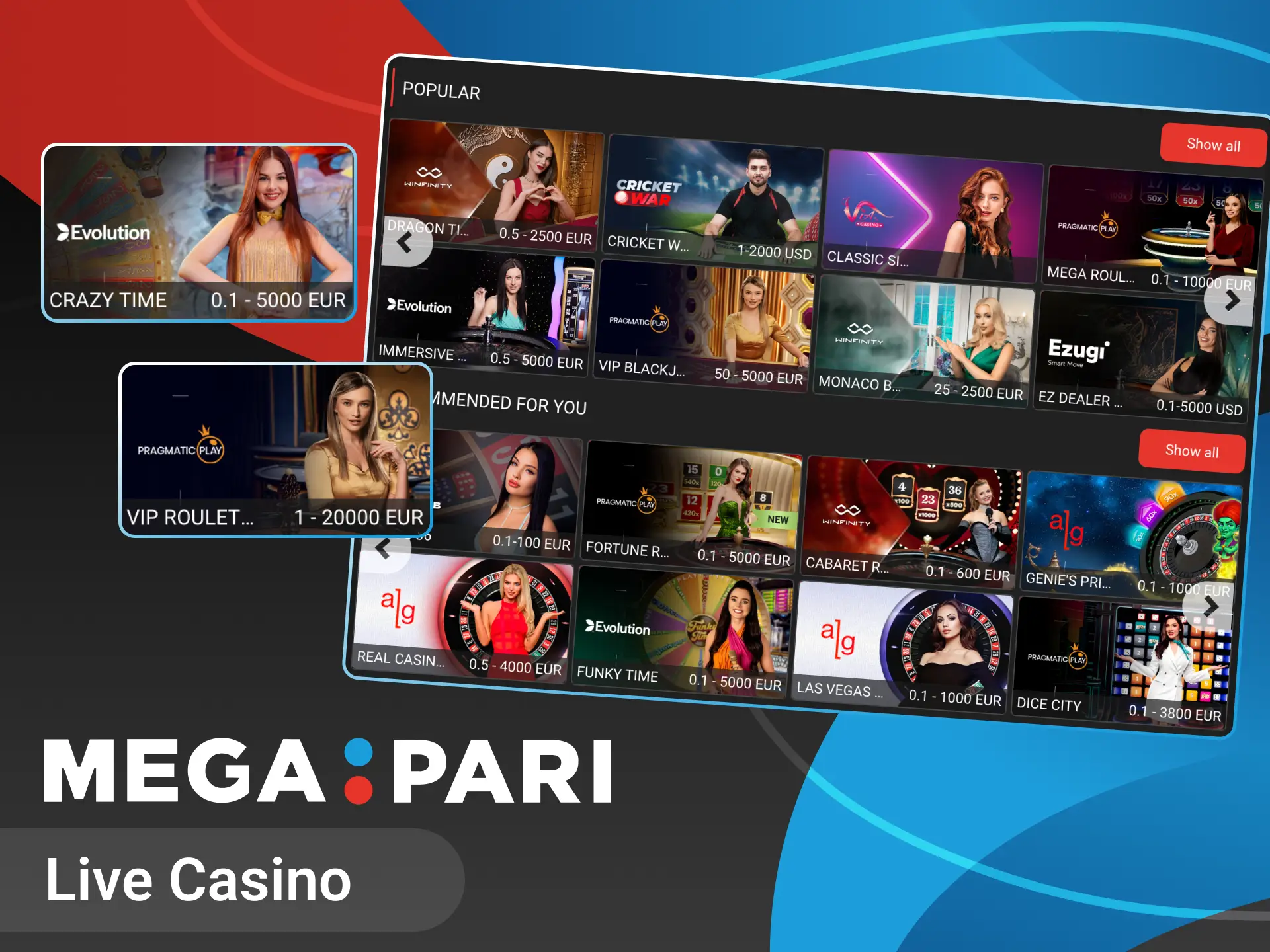 Win games in the live casino section at Megapari online casino.