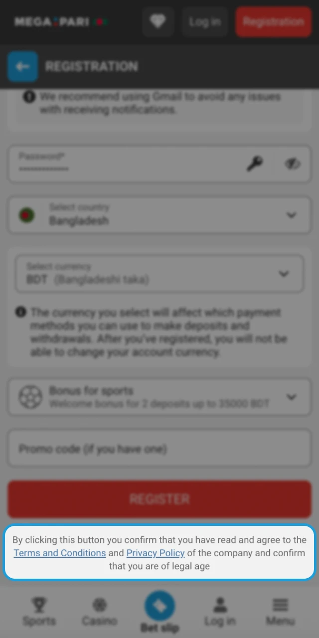 To register in the Megapari online casino app, a player must be over 18 years old.