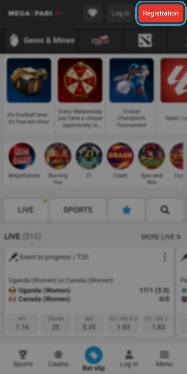 You can register directly in the Megapari online casino app.