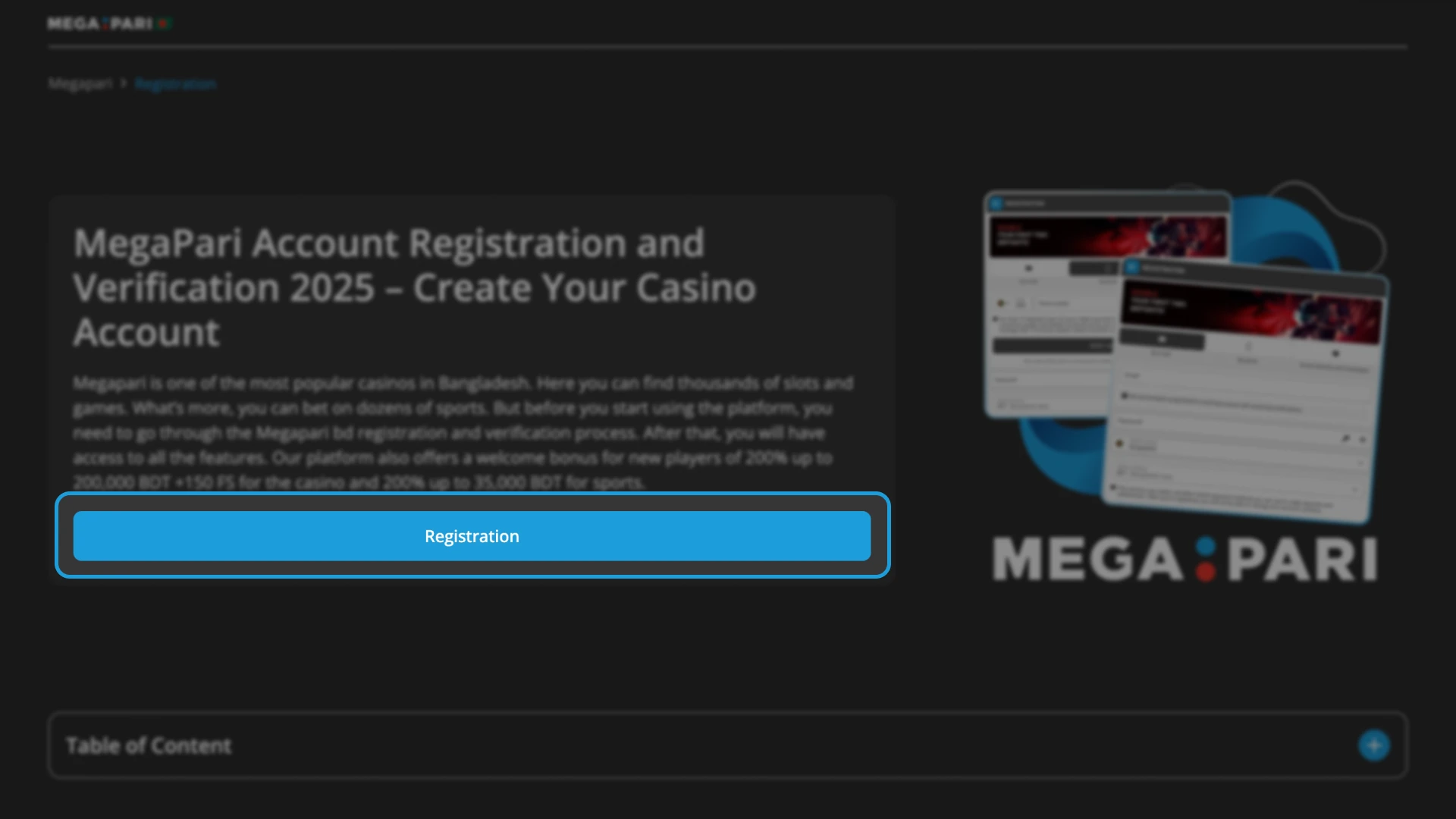 Register at Megapari online casino in a couple of clicks.
