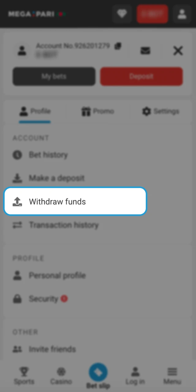 Find the withdrawal button on the Megapari online casino website.