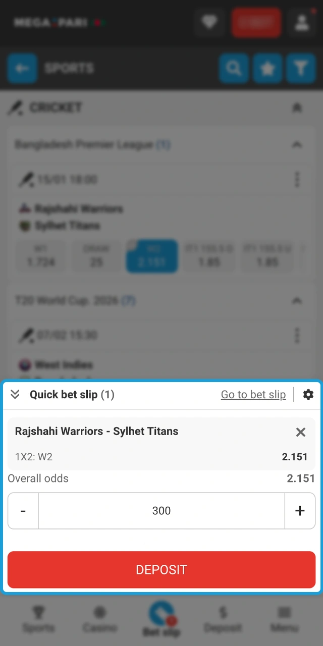 Confirm your bet at Megapari and enjoy live cricket action.